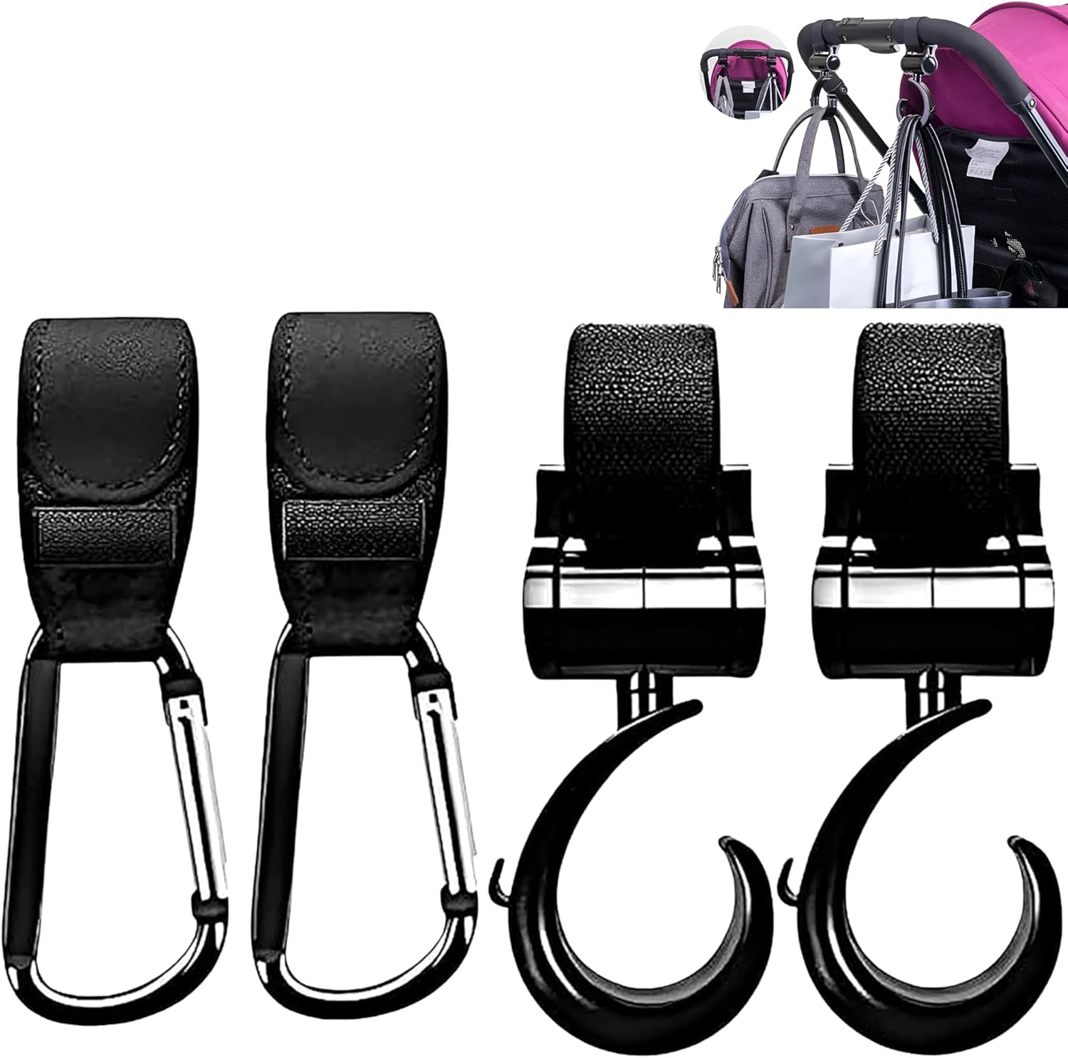 BuzyBe Upgraded Baby Stroller Hooks for Hanging – Heavy-Duty Clips for Diaper Bags, Shopping Bags & Convenient Yoyo Stroller Accessories Organizer Hook, 360° Rotatable, Valentine's Day Gift, 4-Pack