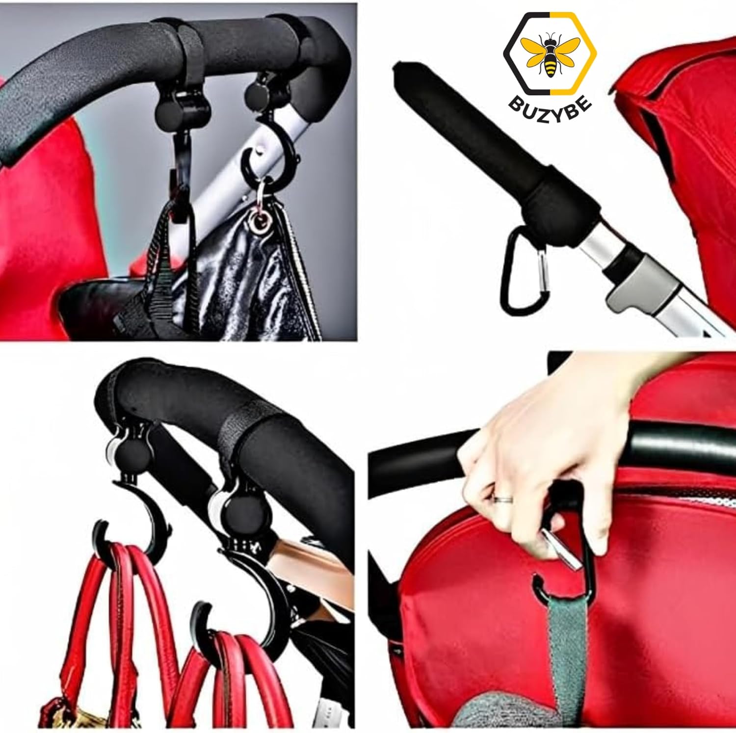 BuzyBe Upgraded Baby Stroller Hooks for Hanging – Heavy-Duty Clips for Diaper Bags, Shopping Bags & Convenient Yoyo Stroller Accessories Organizer Hook, 360° Rotatable, Valentine's Day Gift, 4-Pack