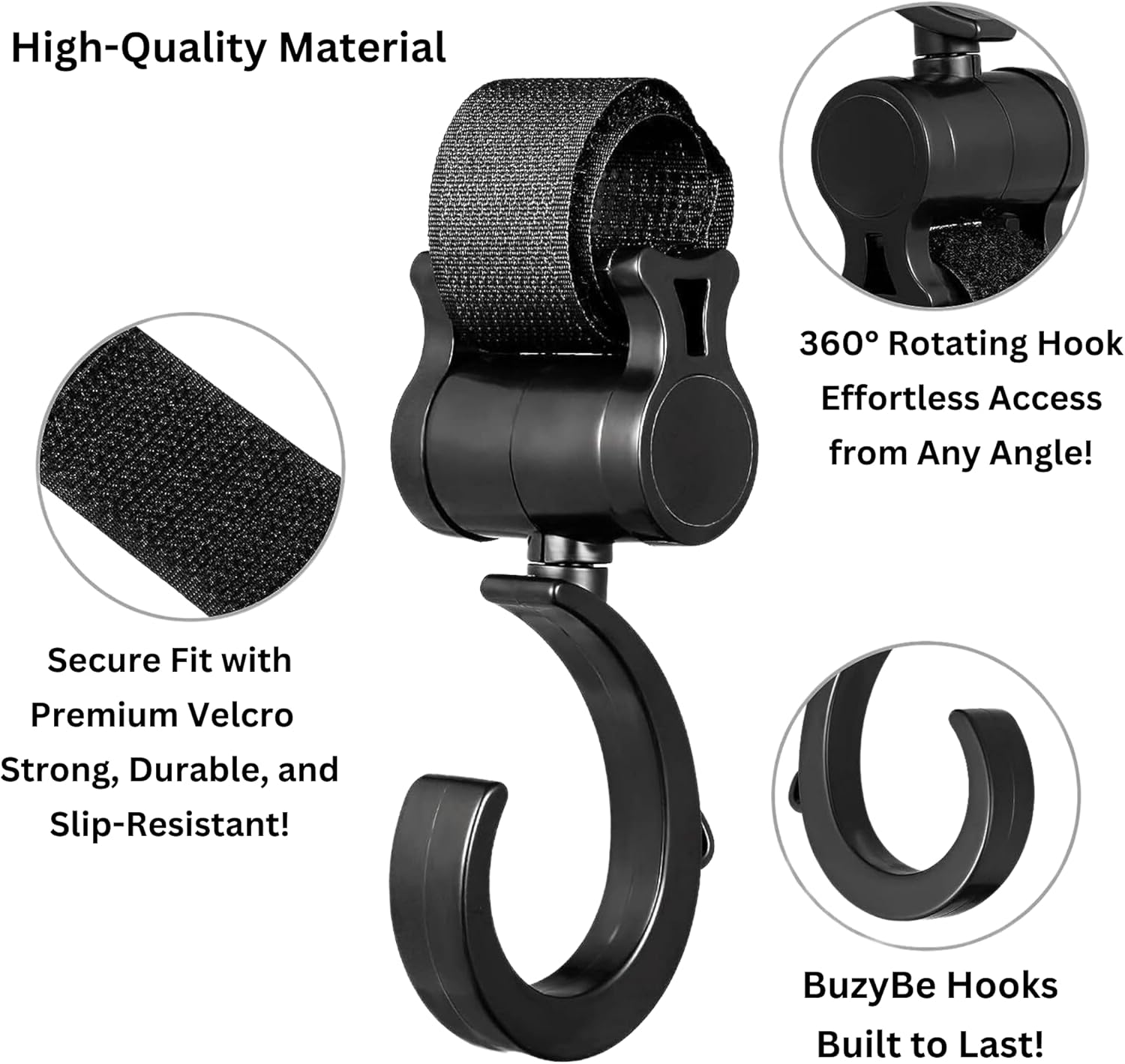 BuzyBe Upgraded Baby Stroller Hooks for Hanging – Heavy-Duty Clips for Diaper Bags, Shopping Bags & Convenient Yoyo Stroller Accessories Organizer Hook, 360° Rotatable, Valentine's Day Gift, 4-Pack