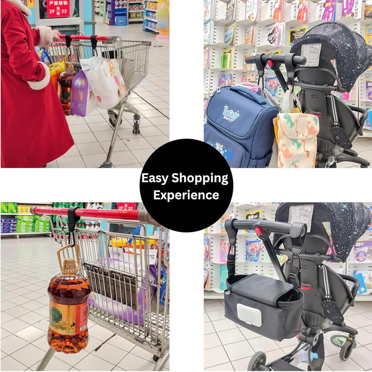 BuzyBe Upgraded Baby Stroller Hooks for Hanging – Heavy-Duty Clips for Diaper Bags, Shopping Bags & Convenient Yoyo Stroller Accessories Organizer Hook, 360° Rotatable, Valentine's Day Gift, 4-Pack