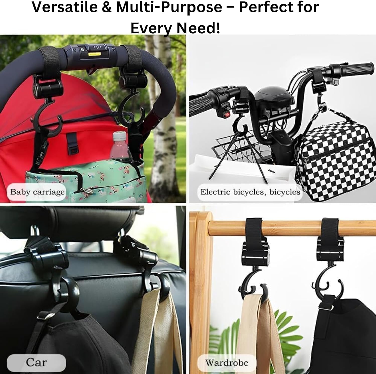 BuzyBe Upgraded Baby Stroller Hooks for Hanging – Heavy-Duty Clips for Diaper Bags, Shopping Bags & Convenient Yoyo Stroller Accessories Organizer Hook, 360° Rotatable, Valentine's Day Gift, 4-Pack
