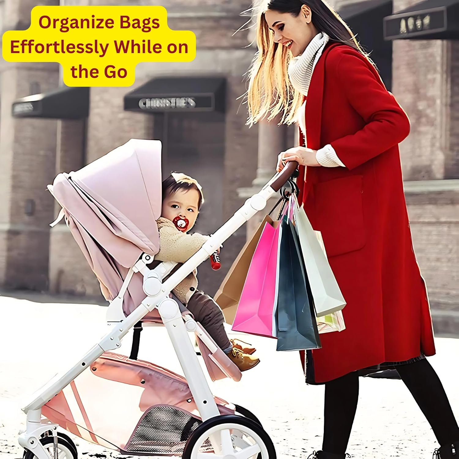 BuzyBe Upgraded Baby Stroller Hooks for Hanging – Heavy-Duty Clips for Diaper Bags, Shopping Bags & Convenient Yoyo Stroller Accessories Organizer Hook, 360° Rotatable, Valentine's Day Gift, 4-Pack