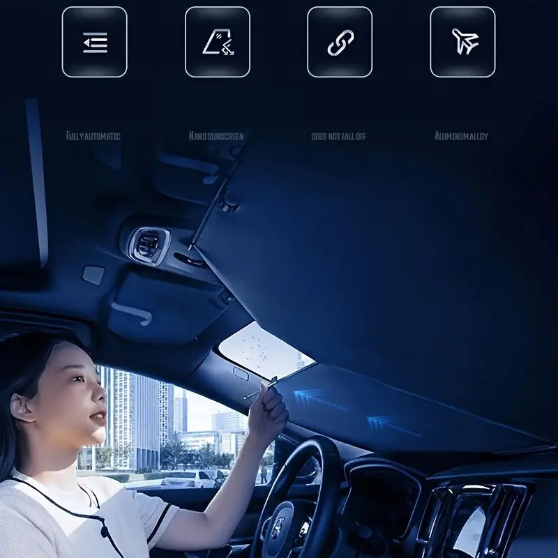 Automatic Retractable Front Windshield Sunshade - Heat-Resistant Car Accessory with Durable Fabric